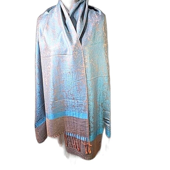 Pashmina Wrap 30 Percent Silk 70 Per. Pashmina Light Blue Light Orange Fringed - Picture 4 of 4